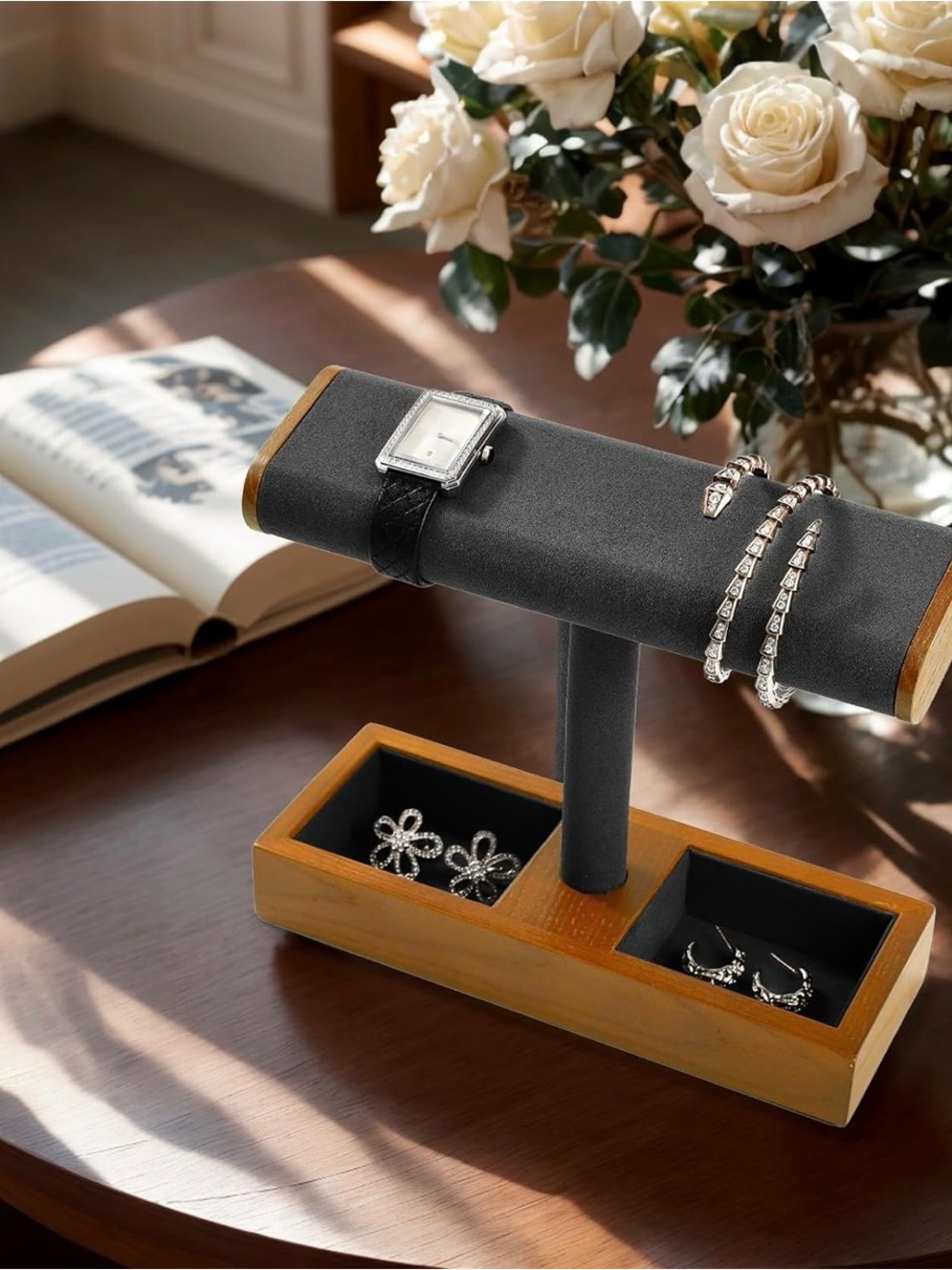 Oirlv Solid Wood Stand T bar Leather Watch& Jewelry Organizer
